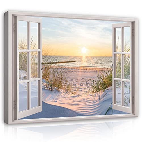 Leinwand Bilder Fensterbilck Strand Meer Ostsee Natur Landschaft Modern Canvas Leinwandbild Fenster Küche Schlafzimmer Wohnzimmer Wandbild Wandbilder Wand Bild auf Leinwand Aufhängefertig (100x75 cm) von WallArena