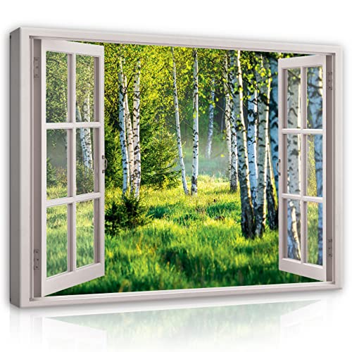 Leinwand Bilder Fensterbilck Wald Birkenwald Natur Landschaft Modern Canvas Leinwandbild Fenster Küche Wohnzimmer Wandbild Kunstdruck Wandbilder Wand Bild auf Leinwand Aufhängefertig (120x80 cm) von WallArena