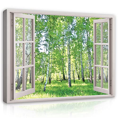 Leinwand Bilder Fensterbilck Wald Grün Birkenwald Natur Landschaft Modern Canvas Leinwandbild Fenster Schlafzimmer Wohnzimmer Wandbild Wandbilder Wand Bild auf Leinwand Aufhängefertig (80x60 cm) von WallArena