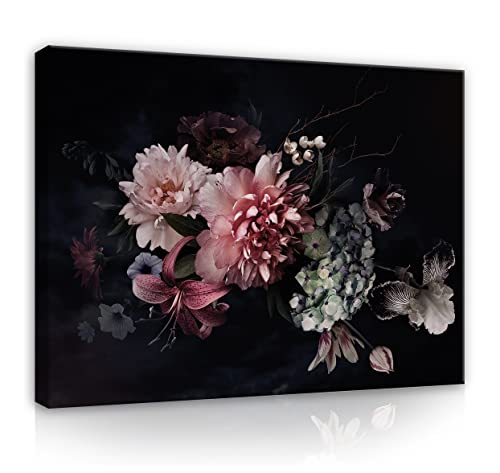 Leinwandbild Blumen Schwarz Canvas Bilder XXL Groß Wohnzimmer Schlafzimmer Modern Wandbild Wandbilder Wand Bild auf Leinwand Kunstdruck Aufhängefertig (120x80 cm) von WallArena