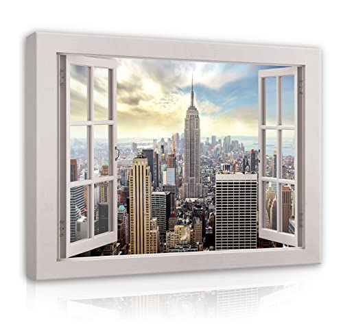 Leinwandbild Fenster Fensterbilck New York Stadt 120x80 cm | Modern XXL Canvas Leinwand Bilder Groß Wandbilder für Schlafzimmer Wohnzimmer Wandbild Kunstdruck Bild auf Leinwand Aufhängefertig von WallArena