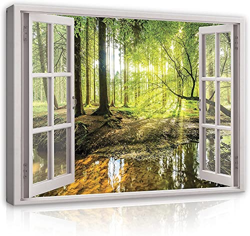 Leinwandbild Fensterbilck Fenster Natur Grün Wald 100x75 cm | Modern XXL Canvas Leinwand Bilder Groß Wandbilder für Schlafzimmer Wohnzimmer Wandbild Kunstdruck Wand Bild auf Leinwand Aufhängefertig von WallArena