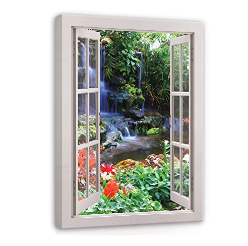 Leinwandbild Fensterbilck Fenster Natur Wald 100x75 cm | Hochformat Canvas Leinwand Wandbilder Bilder für Wand Schlafzimmer Wohnzimmer Wandbild Kunstdruck Wand Bild auf Leinwand Aufhängefertig von WallArena