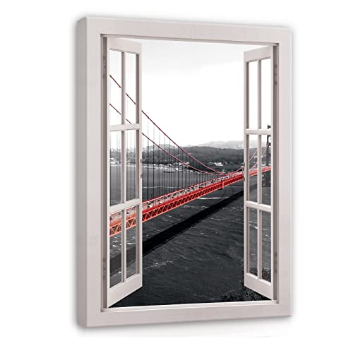 Leinwandbild Fensterbilck Fenster New York 120x80 cm | Hochformat Canvas Leinwand Wandbilder Bilder für Wand Schlafzimmer Wohnzimmer Wandbild Kunstdruck Wand Bild auf Leinwand Aufhängefertig von WallArena