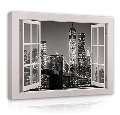 Leinwandbild Fensterbilck Fenster New York Skyline bei Nacht Panorama 100x75 cm | Canvas Leinwand Bilder Wandbilder für Schlafzimmer Wohnzimmer Wandbild Kunstdruck Bild auf Leinwand Aufhängefertig von WallArena