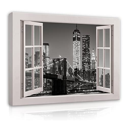 Leinwandbild Fensterbilck Fenster New York Skyline bei Nacht Panorama 80x60 cm | Canvas Leinwand Bilder Wandbilder für Schlafzimmer Wohnzimmer Wandbild Kunstdruck Bild auf Leinwand Aufhängefertig von WallArena