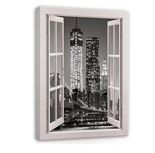 Leinwandbild Fensterbilck Fenster New York bei Nacht 120x80 cm | Hochformat Canvas Leinwand Wandbilder Bilder für Wand Schlafzimmer Wohnzimmer Wandbild Kunstdruck Bild auf Leinwand Aufhängefertig von WallArena