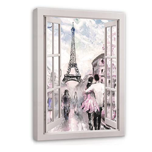 Leinwandbild Fensterbilck Fenster Paris Eiffelturm 120x80 cm | Hochformat Canvas Leinwand Wandbilder Bilder für Wand Schlafzimmer Wohnzimmer Wandbild Kunstdruck Wand Bild auf Leinwand Aufhängefertig von WallArena