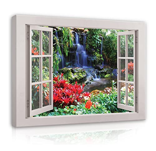 Leinwandbild Fensterbilck Fenster Wald Natur Wasserfall 120x80 cm | Modern XXL Canvas Leinwand Bilder Groß Wandbilder für Schlafzimmer Wohnzimmer Wandbild Kunstdruck Bild auf Leinwand Aufhängefertig von WallArena