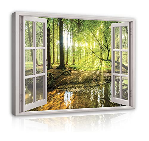 Leinwandbild Fensterblick Wald Natur - Modern Canvas Bilder XXL Illusion Fenster Schlafzimmer Wohnzimmer Wandbild Kunstdruck Wandbilder Wand Bild auf Leinwand Aufhängefertig (14050, 120x80 cm) von WallArena