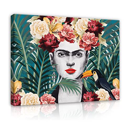 Leinwandbild Frida Kahlo Blumen Blätter Tukan 100x75 cm - Groß Leinwand Bilder Wohnzimmer Schlafzimmer Modern Wandbild Wandbilder Wand Bild auf Leinwand Kunstdruck Aufhängefertig von WallArena