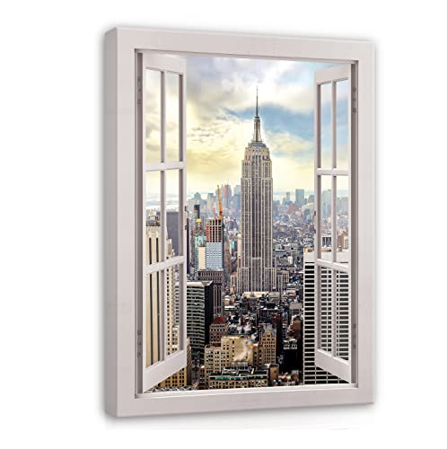 Leinwandbild Hochformat Fensterbilck Fenster New York Stadt 80x60 cm | Canvas Leinwand Wandbilder Bilder für Wand Schlafzimmer Wohnzimmer Wandbild Kunstdruck Wand Bild auf Leinwand Aufhängefertig von WallArena