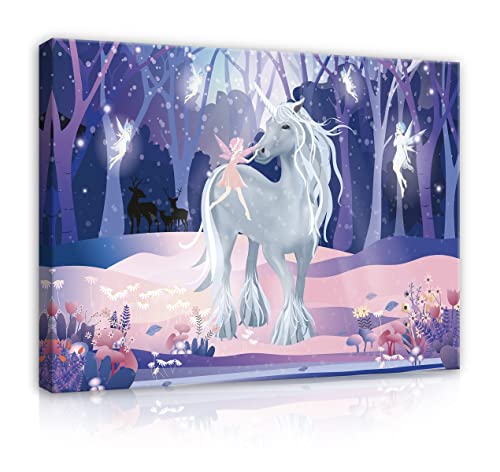 Leinwandbild Kinderzimmer Mädchen Einhorn Fantasy Canvas Leinwand Bilder Wandbild Wandbilder Wand Bild auf Leinwand Kunstdruck Kinderbilder Aufhängefertig (60x40 cm) von WallArena