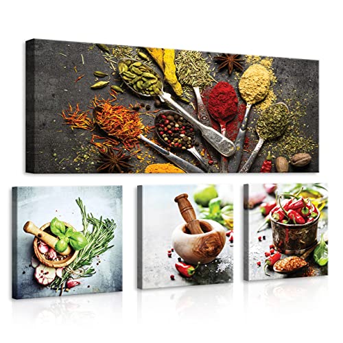 Leinwandbild Küche Gewürz Kräuter Essen Esszimmer Küchebilder Kunstdruck Leinwand Bilder Wandbilder Bild auf Leinwand Modern UV-Beständig SET 4-Teilig Aufhängefertig (PS14284S15, S15 [80 x 55 cm]) von WallArena