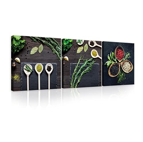 WallArena Leinwandbild Küche Gewürz Kräuter Essen Esszimmer Modern SET 3-Teilig Wandbild Kunstdruck Wandbilder Bild auf Leinwand UV-Beständig Aufhängefertig (PS14283S13-75 x 25 cm) von WallArena