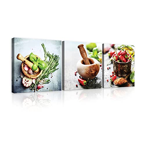 WallArena Leinwandbild Küche Gewürz Kräuter Essen Esszimmer Modern SET 3-Teilig Wandbild Kunstdruck Wandbilder Bild auf Leinwand UV-Beständig Aufhängefertig (PS14284S13-75 x 25 cm) von WallArena