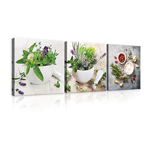 WallArena Leinwandbild Küche Gewürz Kräuter Essen Esszimmer Modern SET 3-Teilig Wandbild Kunstdruck Wandbilder Bild auf Leinwand UV-Beständig Aufhängefertig (PS14285S13-75 x 25 cm) von WallArena