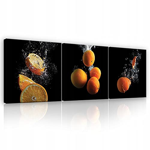 Leinwandbild Küche Obst Wasser Schwarz Essen Esszimmer Wandbild Kunstdruck Wandbilder Bild auf Leinwand Latexdruck UV-Beständig SET 3 Teilig Aufhängefertig (PS10547S13, S13 [75 x 25 cm]) von WallArena