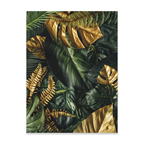 Poster Blätter Monstera Pflanzen Gold Grün 50x70 cm Hochformat - OHNE RAHMEN XXL Wandposter Kunstdruck Fotoposter Wandbild Wandbilder Wand Bild auf Poster Wohnzimmer Schlafzimmer Küche von WallArena