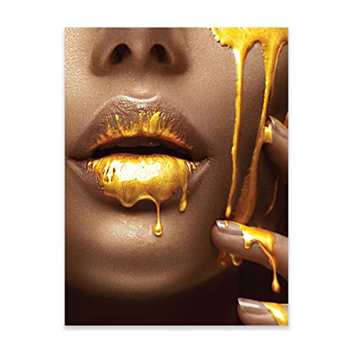 Poster Frau Lippen Sexy Gold Schwarz 30x40 cm Hochformat - OHNE RAHMEN XXL Wandposter Kunstdruck Fotoposter Wandbild Wandbilder Wand Bild auf Poster Wohnzimmer Schlafzimmer Küche von WallArena