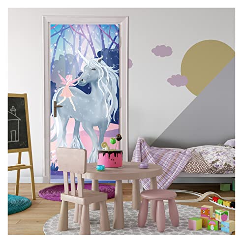 Türtapete Babyzimmer Einhorn - 91x211 cm einteilig inkl. kleister - Türposter Vlies Fototapete für Tür Türaufkleber Türfolie UV-Beständig Montagefertig von WallArena