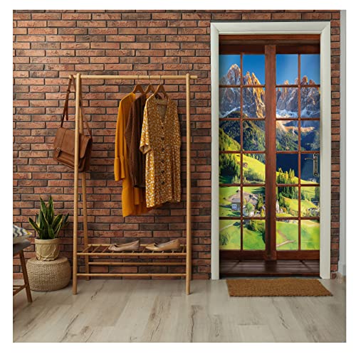 Türtapete Fensterblick 3D Landschaft Berge - 91x211 cm einteilig inkl. kleister - Türposter Vlies Fototapete für Tür Wohnzimmer Küche Badezimmer Türaufkleber Türfolie UV-Beständig Montagefertig von WallArena