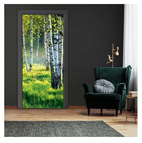 Türtapete Selbstklebend Birkenwald Wald grün Natur - 91x211 cm einteilig - Türposter Fototapete für Tür Wohnzimmer Küche Badezimmer Türaufkleber Türfolie UV-Beständig Montagefertig von WallArena