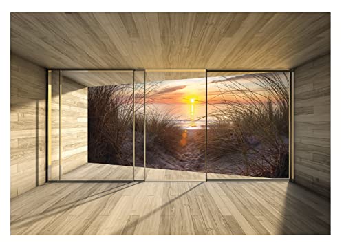 Vlies Fototapete 3D Effekt Fenster Strand Meer Ostsee Natur Dünen Sonnenuntergang Wohnzimmer Schlafzimmer Modern Motivtapeten Wandtapete Tapete Vliestapete Montagefertig (208x146 cm - 2 Bahnen) von WallArena