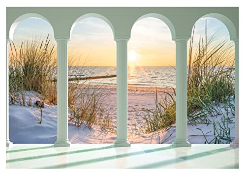 Vlies Fototapete 3D Effekt Strand Meer Nordsee Terrasse Fenster inkl. Kleister Wohnzimmer Schlafzimmer Modern Wandtapete Tapete Vliestapete UV-Beständig Montagefertig (368x254 cm - 4 Bahnen) von WallArena