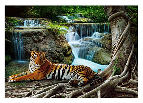 Vlies Fototapete 3D Effekt Tiger Dschungel Tiere Wasserfall - inkl. Kleister Wohnzimmer Schlafzimmer Motivtapeten Wandtapete Tapete Vliestapete UV-Beständig Montagefertig (254x184 cm - 2 Bahnen) von WallArena