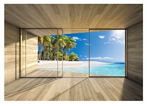 WallArena Fototapete 3D EFFEKT Fenster mit Aussicht Strand Meer Karibik Palmen Wohnzimmer Schlafzimmer Vlies Tapete inklusive Kleister Wandtapete UV-Beständig Montagefertig (208x146 cm - 2 Bahnen) von WallArena