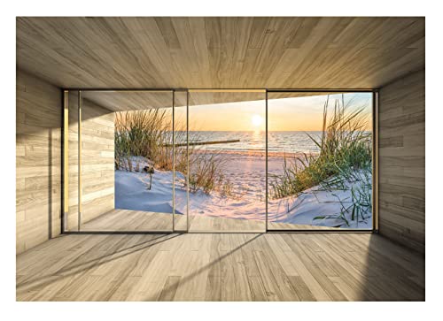 WallArena Fototapete 3D Effekt Fensterblick Nordsee Fenster Strand Meer Modern Wohnzimmer Schlafzimmer Wandtapete Vlies Tapete UV-Beständig Montagefertig (208x146 cm - 2 Bahnen) von WallArena