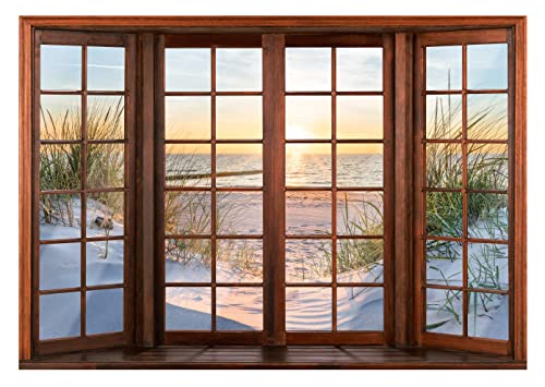 WallArena Fototapete Fenster Strand Meer Nordsee Fensterblick 3D Effekt Modern Wohnzimmer Schlafzimmer Wandtapete Vlies Tapete UV-Beständig Montagefertig (104x70,5 cm - 1 Bahn) von WallArena