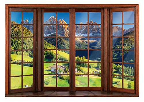 WallArena Fototapete Fenster mit Aussicht Berge Alpen 3D EFFEKT Natur Fensterblick Wohnzimmer Schlafzimmer Vlies Tapete inklusive Kleister Wandtapete UV-Beständig Montagefertig (104x70,5 cm - 1 Bahn) von WallArena