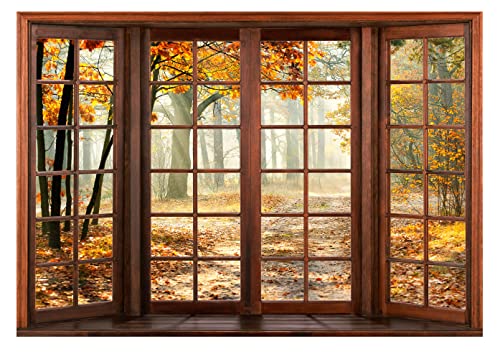 WallArena Fototapete Fenster mit Aussicht Wald Herbst Natur Fensterblick Wohnzimmer Schlafzimmer Vlies Tapete inklusive Kleister Wandtapete UV-Beständig Montagefertig (208x146 cm - 2 Bahnen) von WallArena