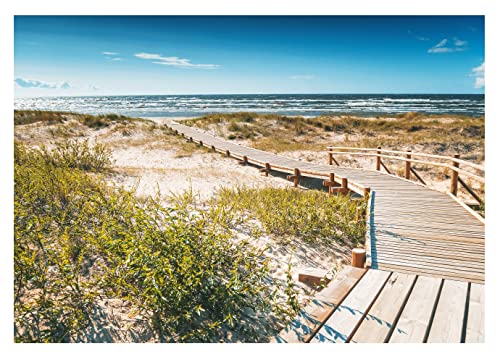 WallArena Fototapete Strand Meer 3D Brücke Nordsee Dünen Modern Wohnzimmer Schlafzimmer Wandtapete Vlies Tapete UV-Beständig Montagefertig (104x70,5 cm - 1 Bahn) von WallArena