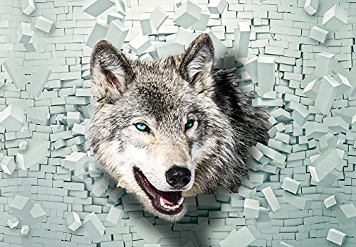 WallArena Fototapete Wolf Tiere Ziegel 3D EFFEKT Mauer Wand Modern Wohnzimmer Schlafzimmer Wandtapete Vlies Tapete UV-Beständig Geruchsfrei Montagefertig (14002, VEXL (208x146 cm) 2 Bahnen) von WallArena