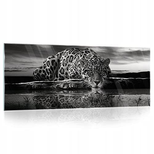 WallArena Glasbild 125x50 cm Tiger Schwarz Weiss Tiere Leopard Modern Glasbilder Badezimmer Schlafzimmer Bilder auf Glas einteilig Deco Glass Querformat Wandbilder Aufhängfertig von WallArena