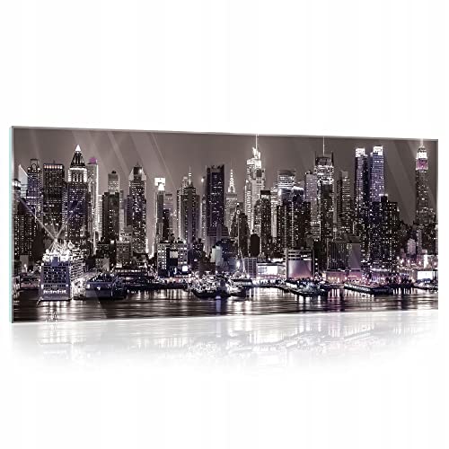 WallArena Glasbilder New York 125x50 cm Modern Schwarz Stadt Glasbild Küche Badezimmer Wohnzimmer Schlafzimmer Bilder auf Glas einteilig Deco Glass Querformat Wandbilder Aufhängfertig von WallArena