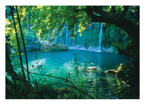 WallArena Fototapete Wasserfall Wald Grün Natur Dschungel Landschaft Thailand Modern Wohnzimmer Schlafzimmer Wandtapete Vlies Tapete UV-Beständig Montagefertig (312x219 cm - 3 Bahnen) von WallArena