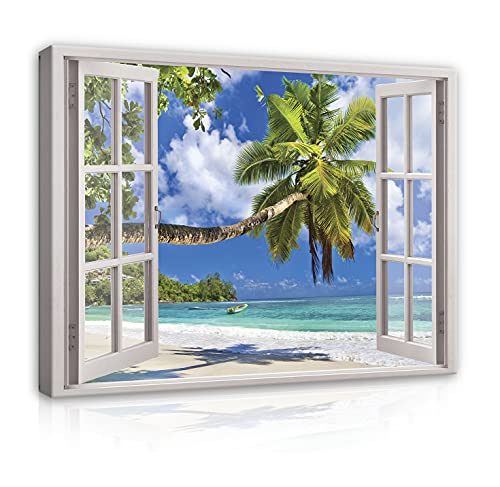 Wandbilder Fensterblick Strand Meer Palmen - Modern Canvas Leinwandbild XXL Illusion Fenster Schlafzimmer Wohnzimmer Wandbild Kunstdruck Bilder Wand Bild auf Leinwand Aufhängefertig (14053, 100x75 cm) von WallArena