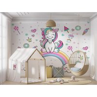 Einhorn Mit Regenbogen - Kinderzimmer Tapete Peel & Stick Selbstbelebend Eichhörnchen Fuchs Hase von WallArtLA