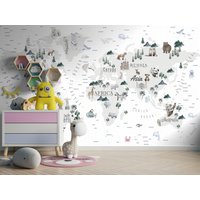 Kid Weltkarte Wallpaper | Schälen Und Aufkleben Abnehmbar Tiere Mit Ländern Kinderzimmer Tapete Wanddeko von WallArtLA