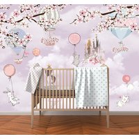 Mädchenzimmer Wallpaper | Schälen Und Aufkleben Wolken Mit Goldenem Schloss Kinderzimmer Tapete Babyzimmer von WallArtLA