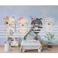 Niedliche Kätzchen Wallpaper | Kinderzimmer Schälen Und Aufkleben Wanddeko Für Kinder Kid Coole Tapete Wandbild Kintergarden von WallArtLA