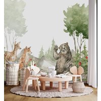 Tiere Im Wald | Tapete Aquarell Kinder Kid Coole Kinderzimmer Wallpaper Wandbild Umweltfreundlich Wanddeko von WallArtLA