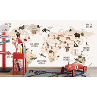 Weltkarte Mit Tieren Tapete - Abziehen Und Aufkleben Selbstklebende Kinderzimmer von WallArtLA