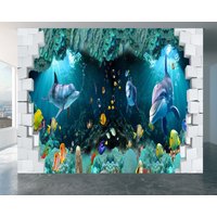 Delfine Welt Tapete Foto Wandbild Uv-Druck-Abziehbild, Wandkunst, Dekor Für Wohnzimmer Und Büro von WallArtsOnline