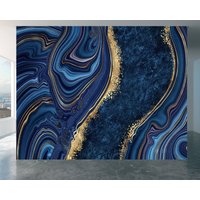 Marineblaue Marmor Tapete - Eleganter Blauer Print, Großes Wandbild Für Wohn- Und Schlafzimmer von WallArtsOnline