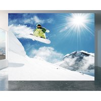 Wandbild „Snowboarder Jumping" Selbstklebendes Peel & Stick-Dekor, Strukturierter Großer Wandkunstdruck Für Sporträume Und Unterhaltungsräume von WallArtsOnline